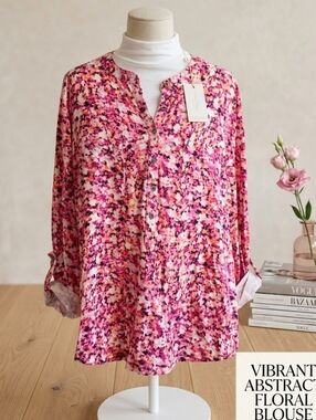 Relativity Pink Multi-Color Abstract Floral Tunic Blouse